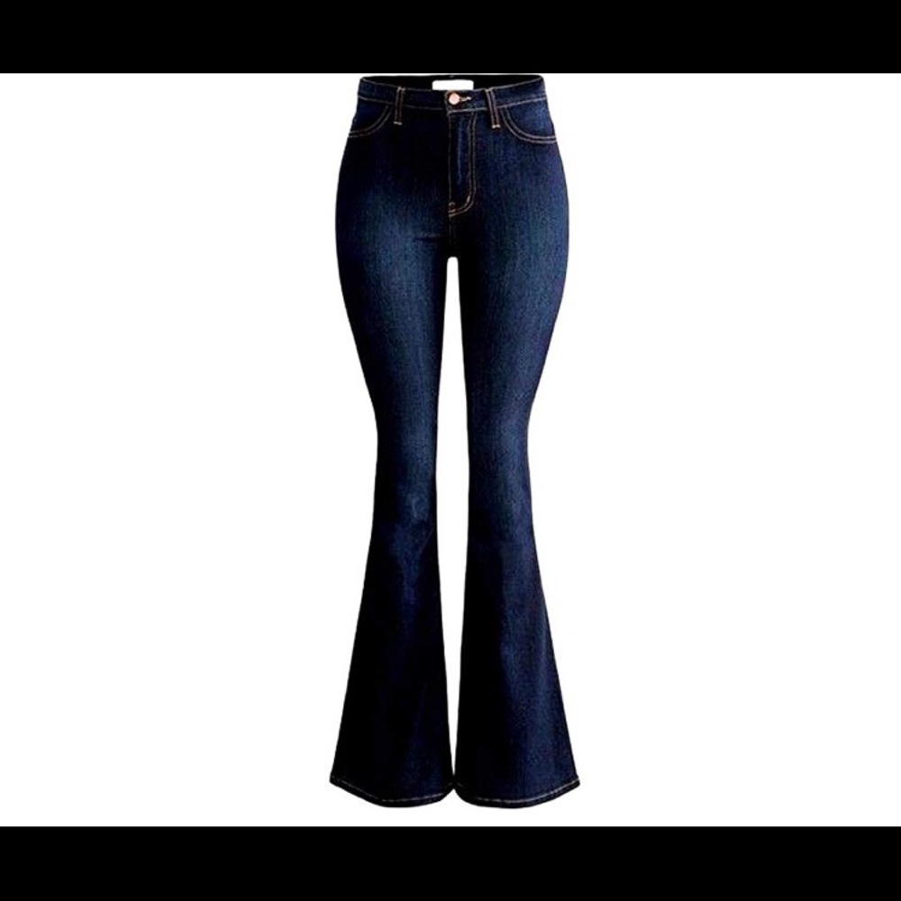 High Waist womens Flare Bell Bottom 70s blue Jeans - Picture 2 of 5